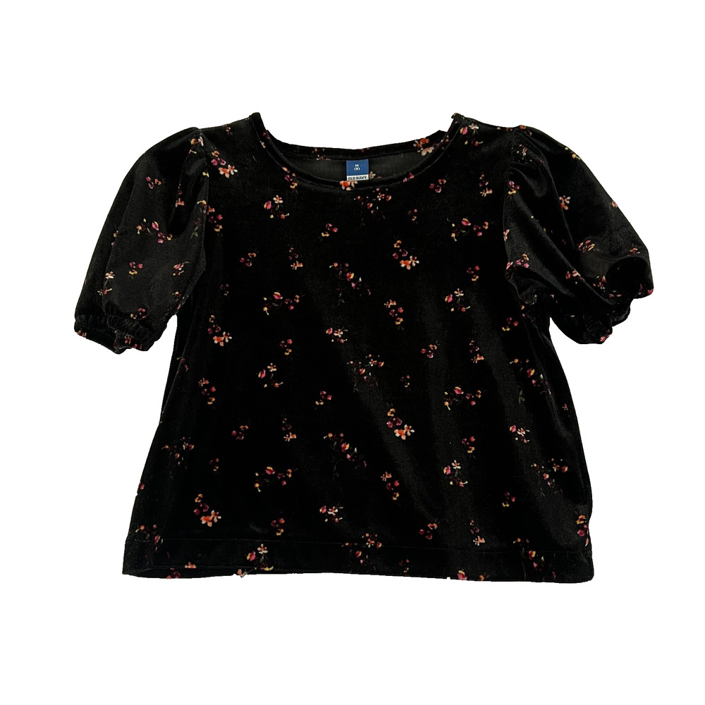 Old Navy Velvet Black Floral Girls Top Size 8 Medium Boho Puff-sleeve
